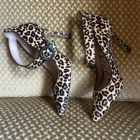 Sam Edelman Nude Leopard Print Cow Fur Hinda Jewel Buckle Strap Pumps NEW - Picture 14 of 16
